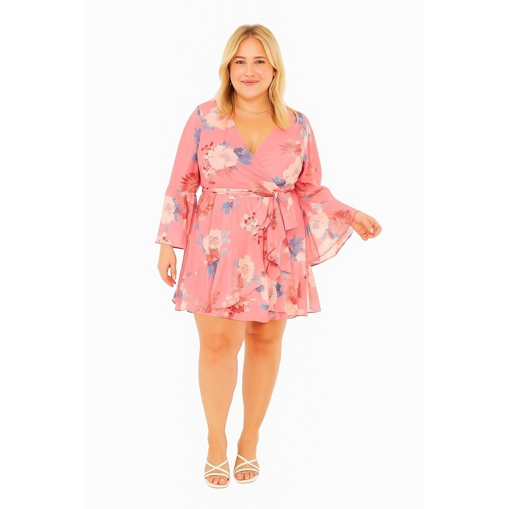 City Chic Summer Flirt Print Dress Pink Size 20 L  Mini Tie Waist Floral